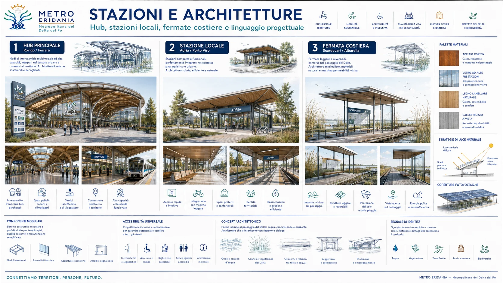 Concept grafico di hub, stazioni locali e fermate costiere Metro Eridania